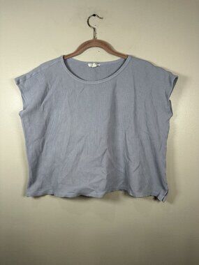 Eileen Fisher Textured Stretch Rib Round Neck Top Womens Medium Blue Boxy